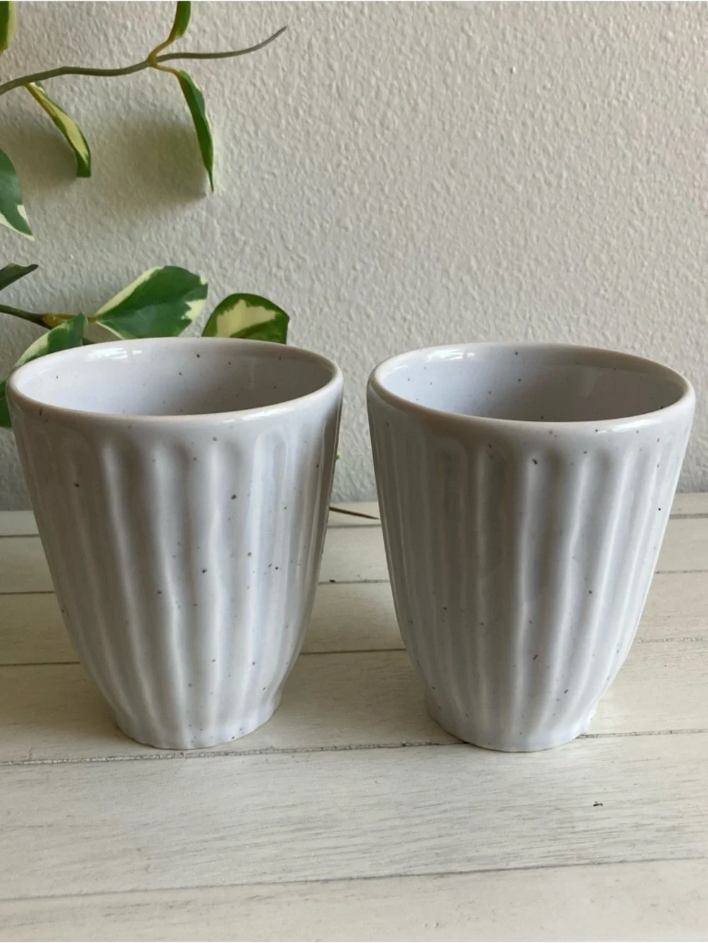 West Elm Set of 2 Ribbed Speckled Tea Coffee Mugs White Beige Neutral